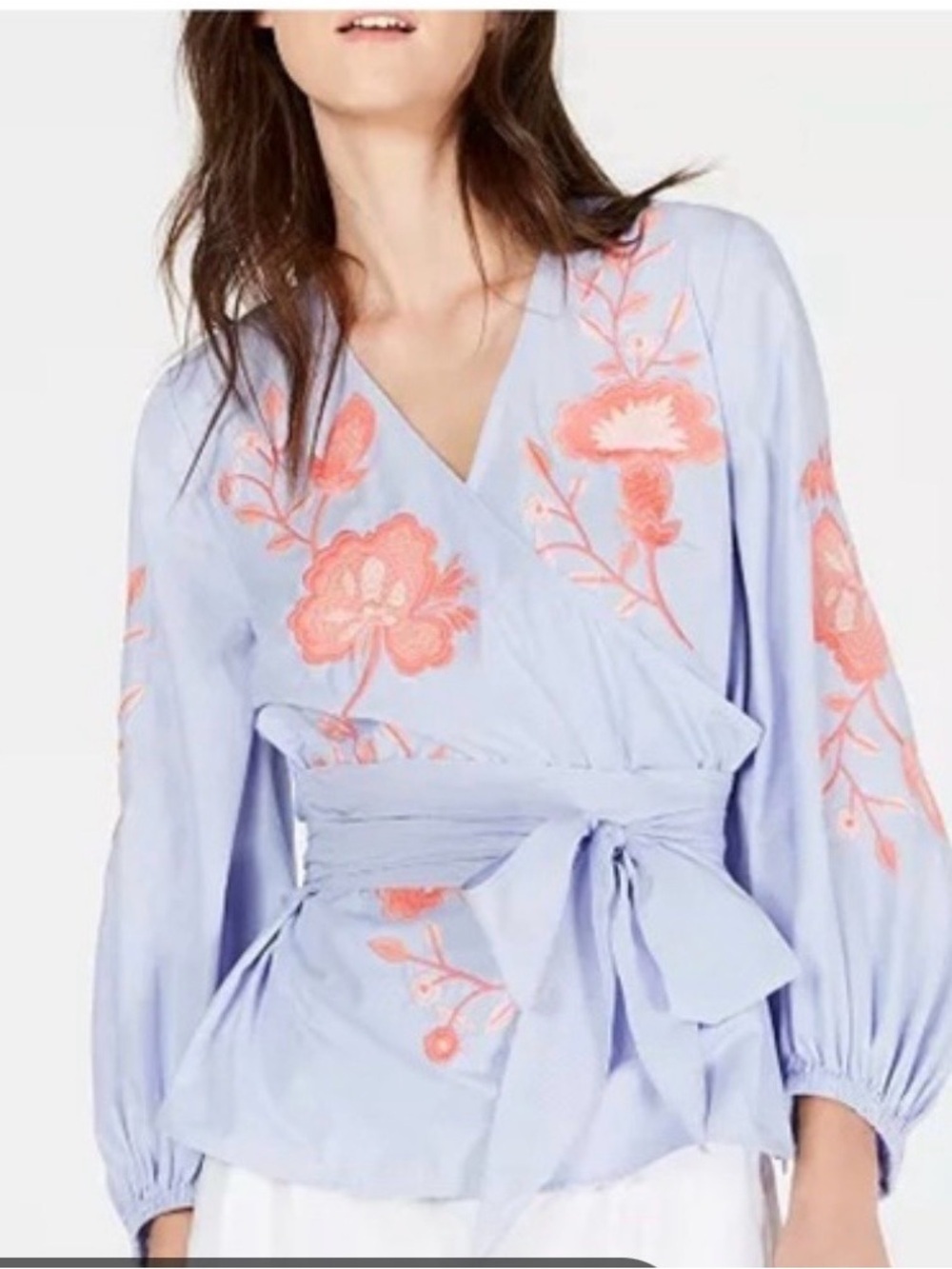 INC Blue Wrap Blouse with Coral Embroidery Sz Medium